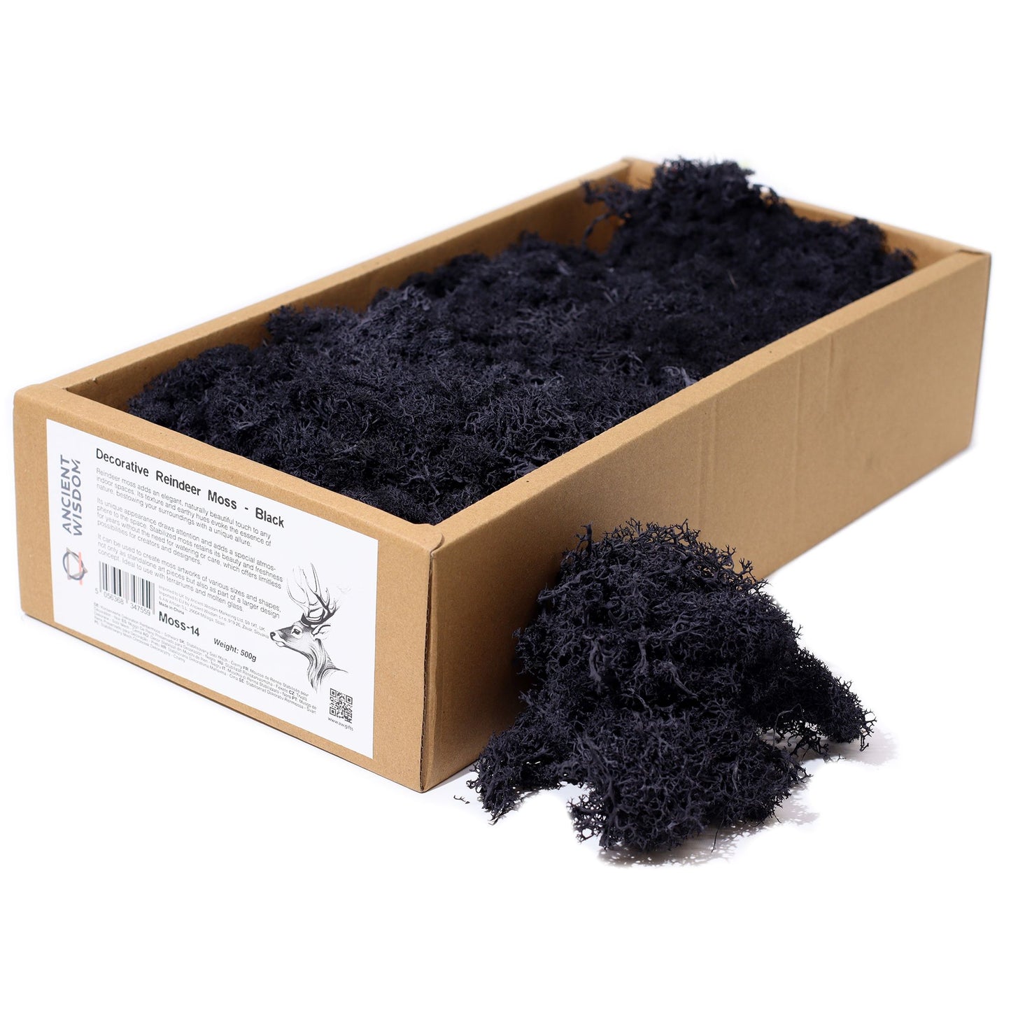 Striking black preserved reindeer moss with a natural branch-like texture for decorative use.