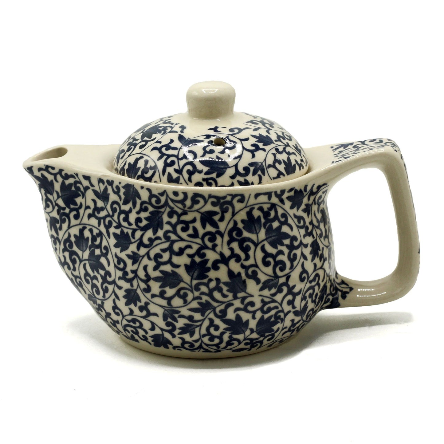 Small ceramic herbal teapot featuring an intricate blue pattern design with a matching lid.