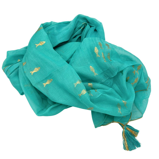 Vibrant turquoise pario wrap with an intricate gold fish pattern and a lightweight, flowing fabric for summer wear.