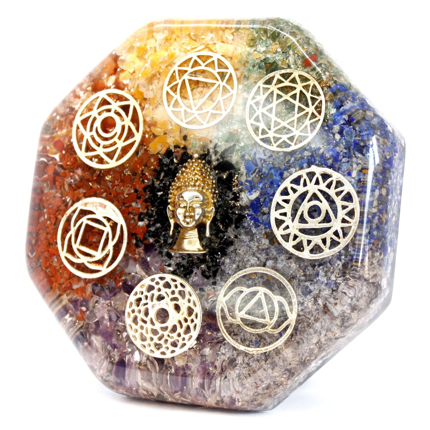 Large pyramid-shaped orgonite paperweight featuring a Buddha figure, chakra-coloured gemstones, and copper shavings.