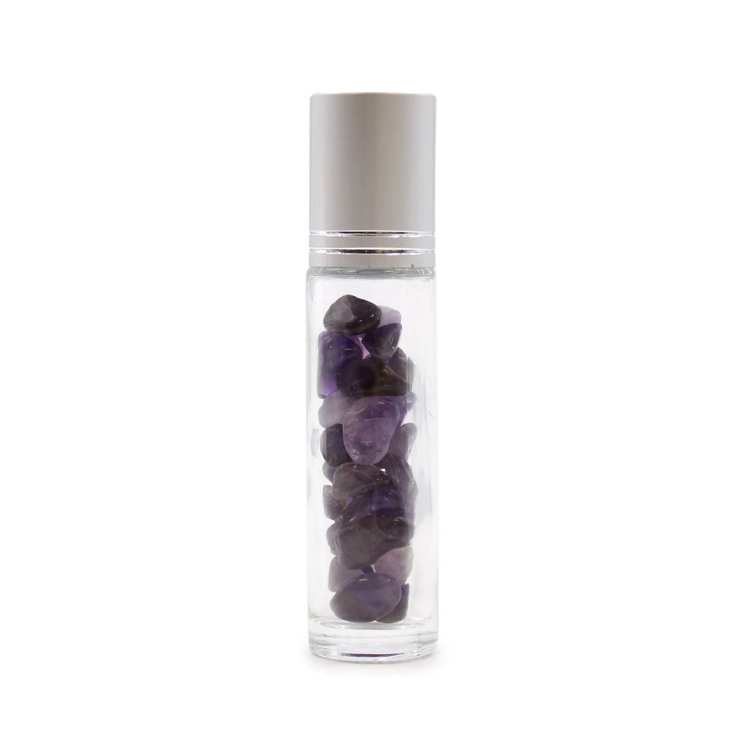 Clear glass roller bottle filled with small amethyst crystals and topped with a polished amethyst roller ball.