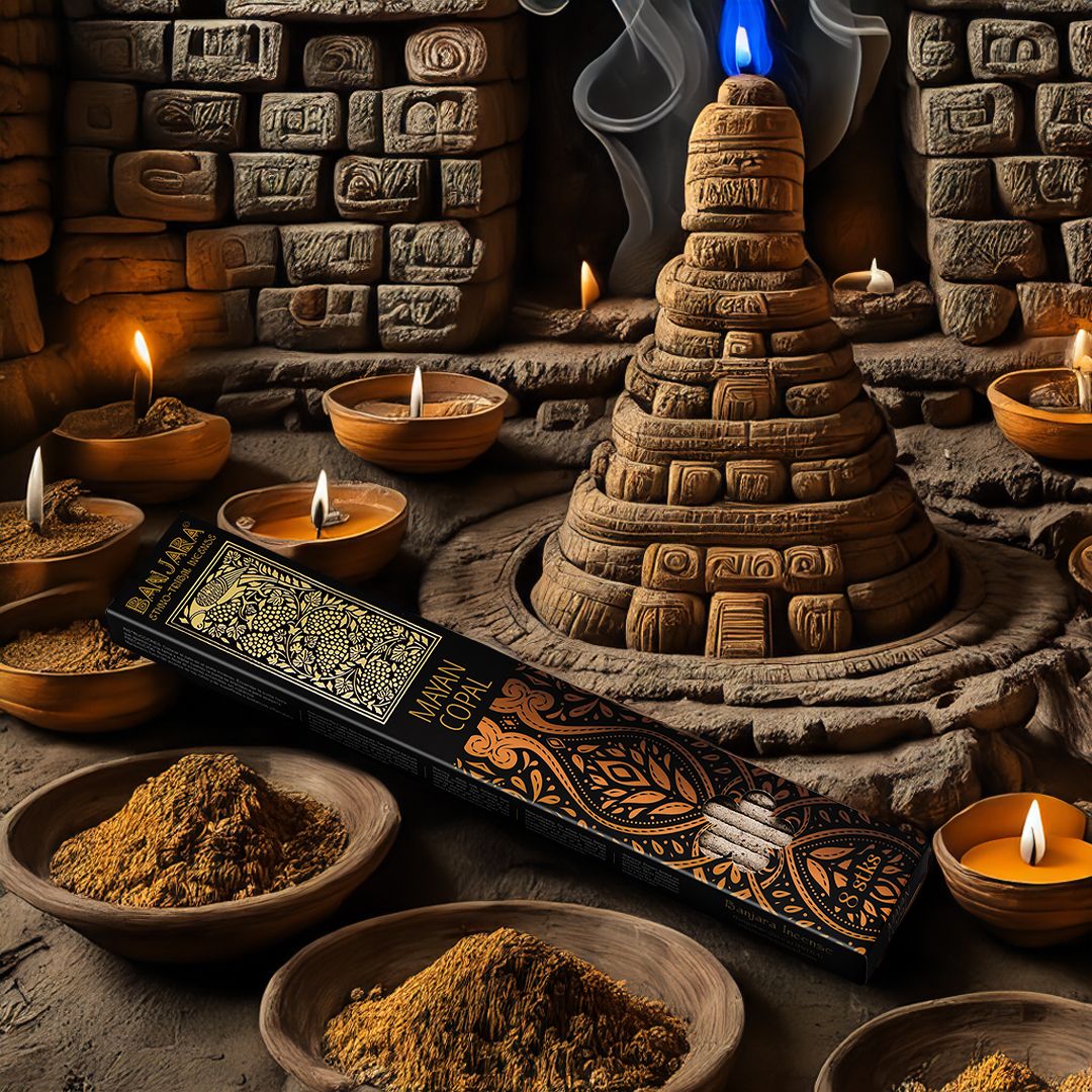 Hand-rolled extra long incense sticks featuring natural Mayan Copal resin with a rich, textured surface in a pack of eight.