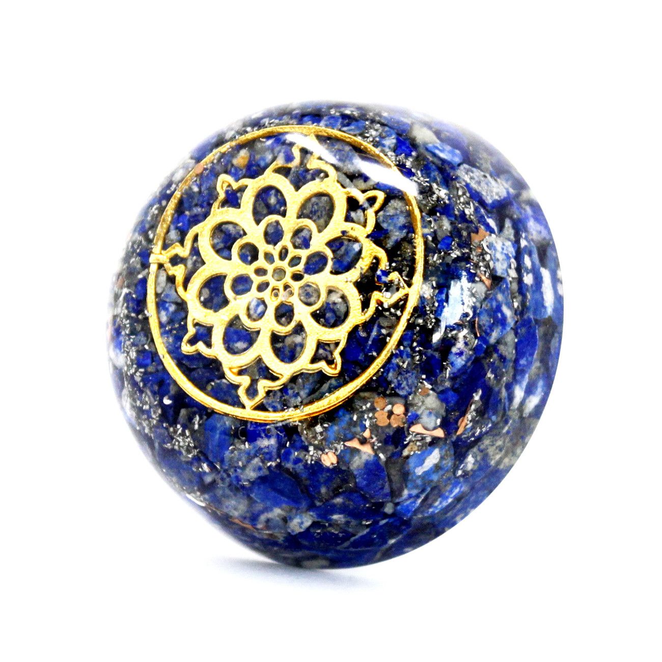 Dome-shaped orgonite desk ornament containing blue lapis lazuli gemstone chips, copper, and metal filings.