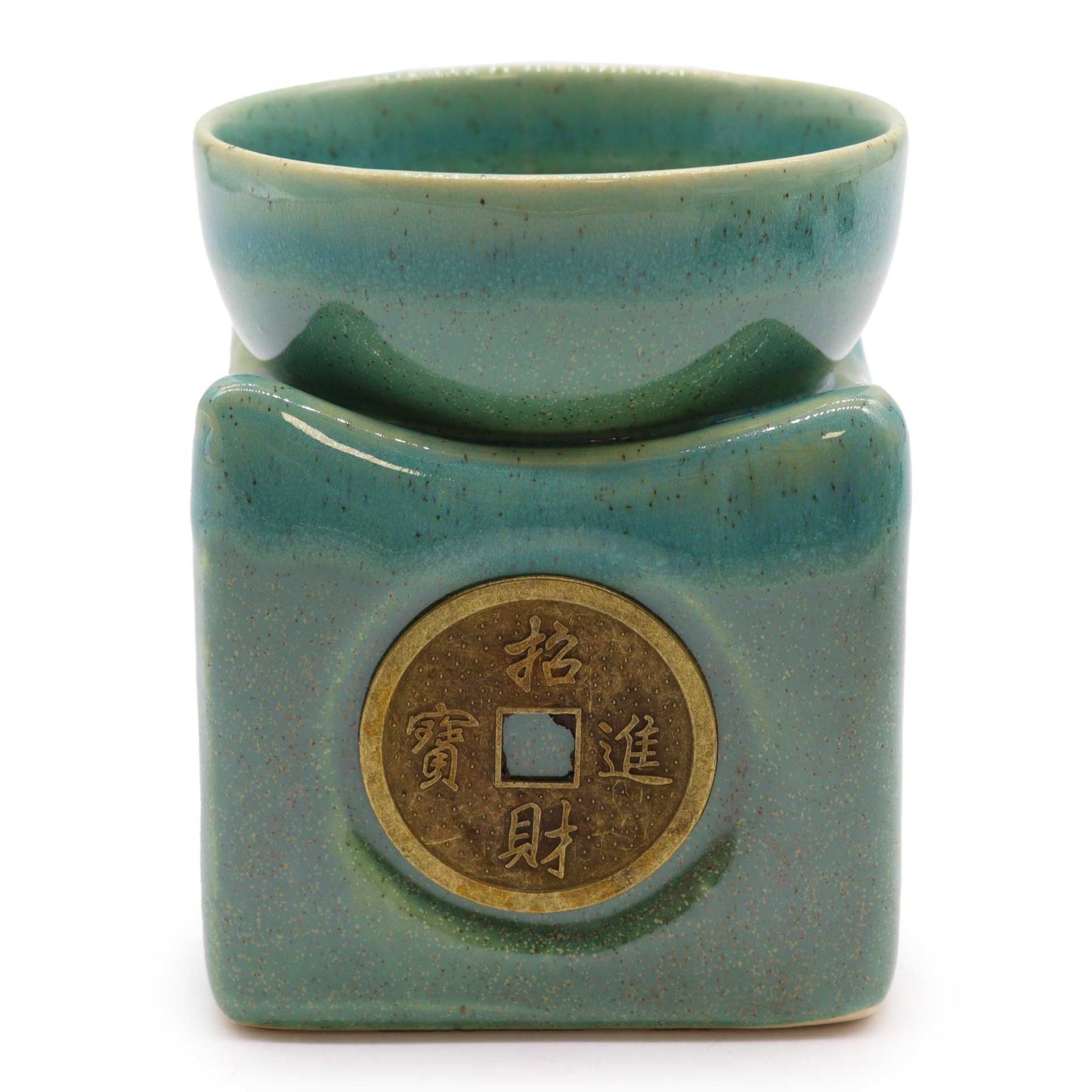Large jade green ceramic oil burner featuring an intricate traditional lucky coin design and a deep bowl for oils.