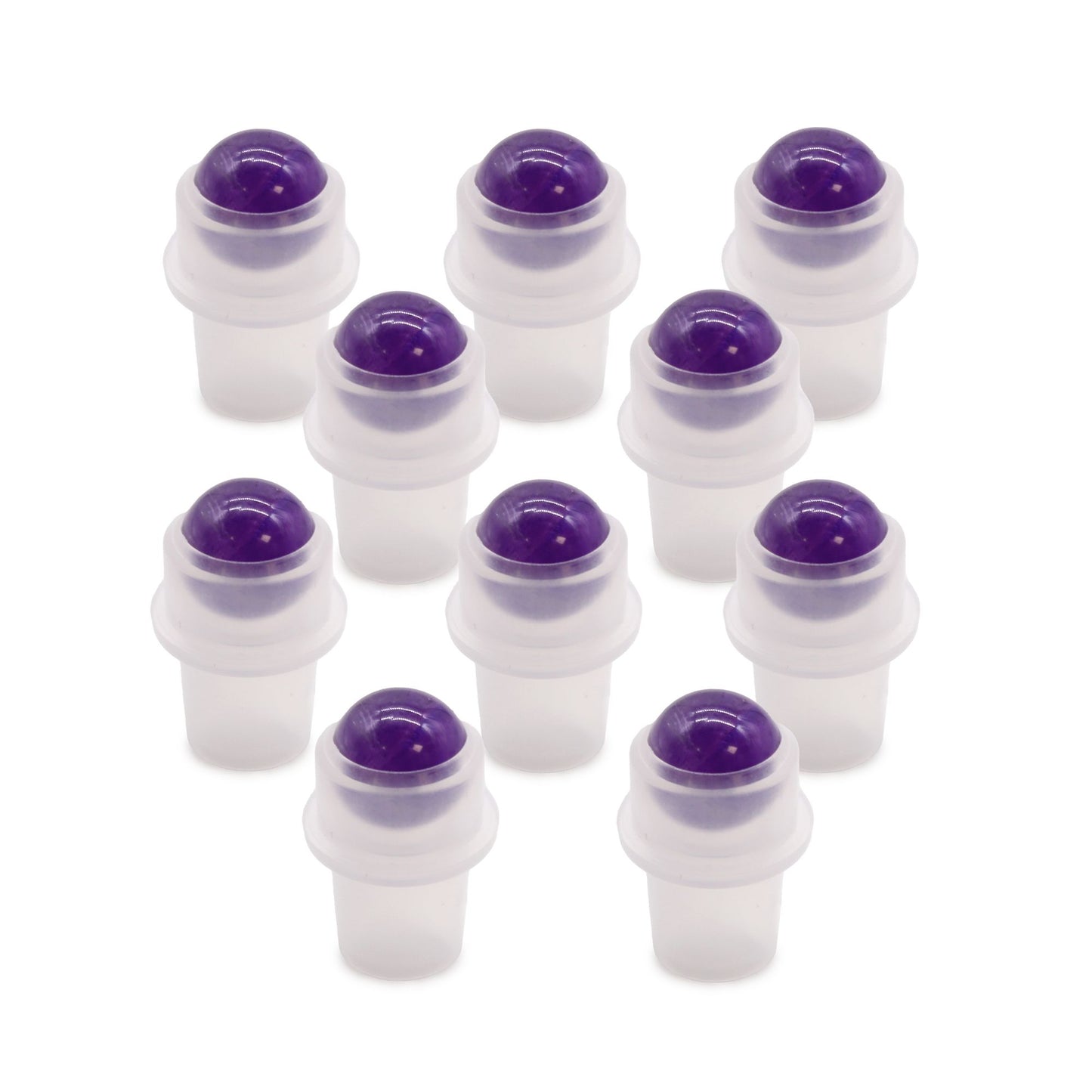A polished purple Amethyst gemstone roller ball insert for a small aromatherapy bottle.