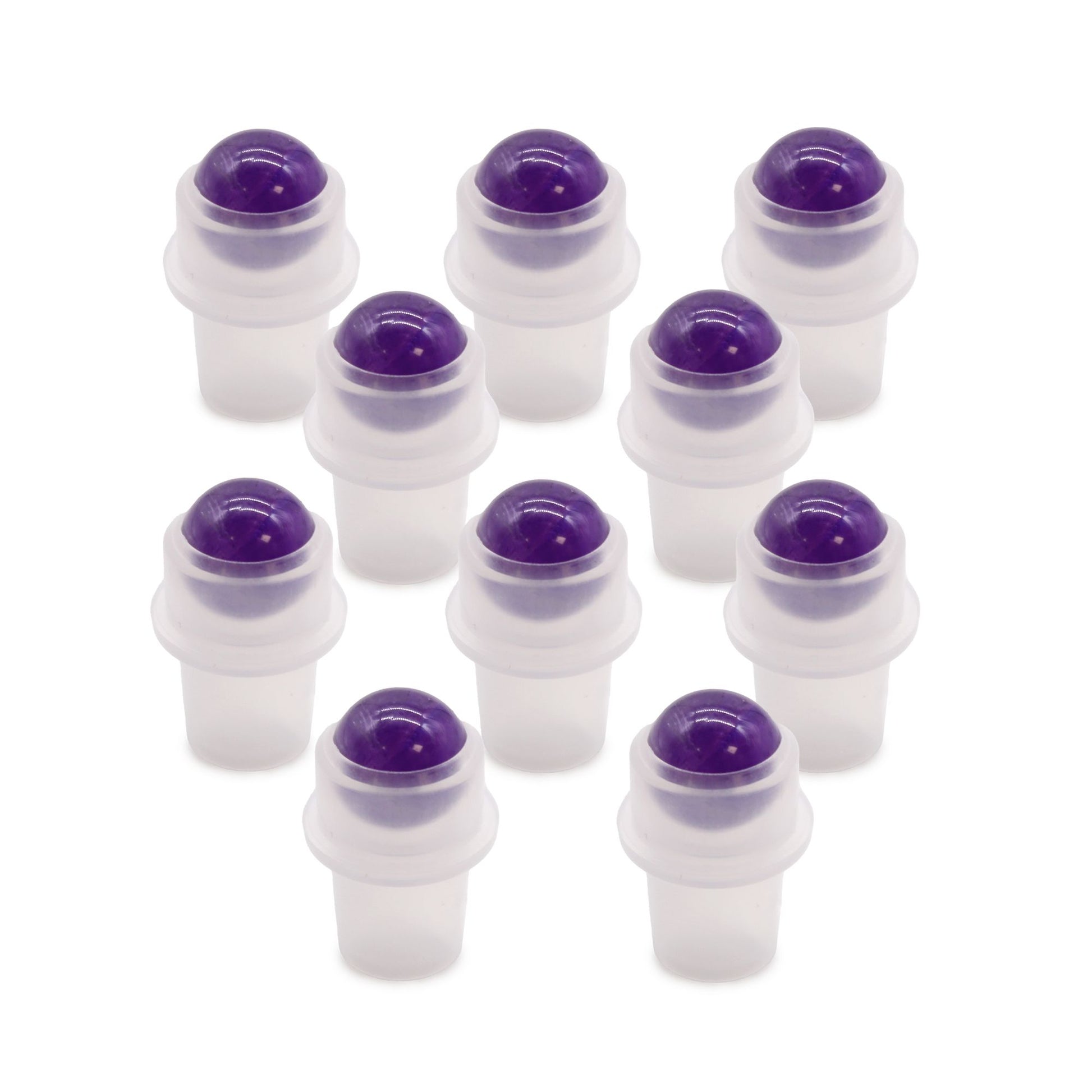 A polished purple Amethyst gemstone roller ball insert for a small aromatherapy bottle.