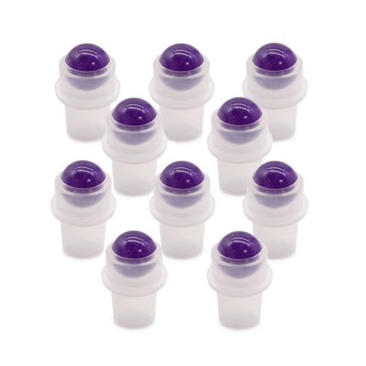 A polished purple Amethyst gemstone roller ball insert for a small aromatherapy bottle.