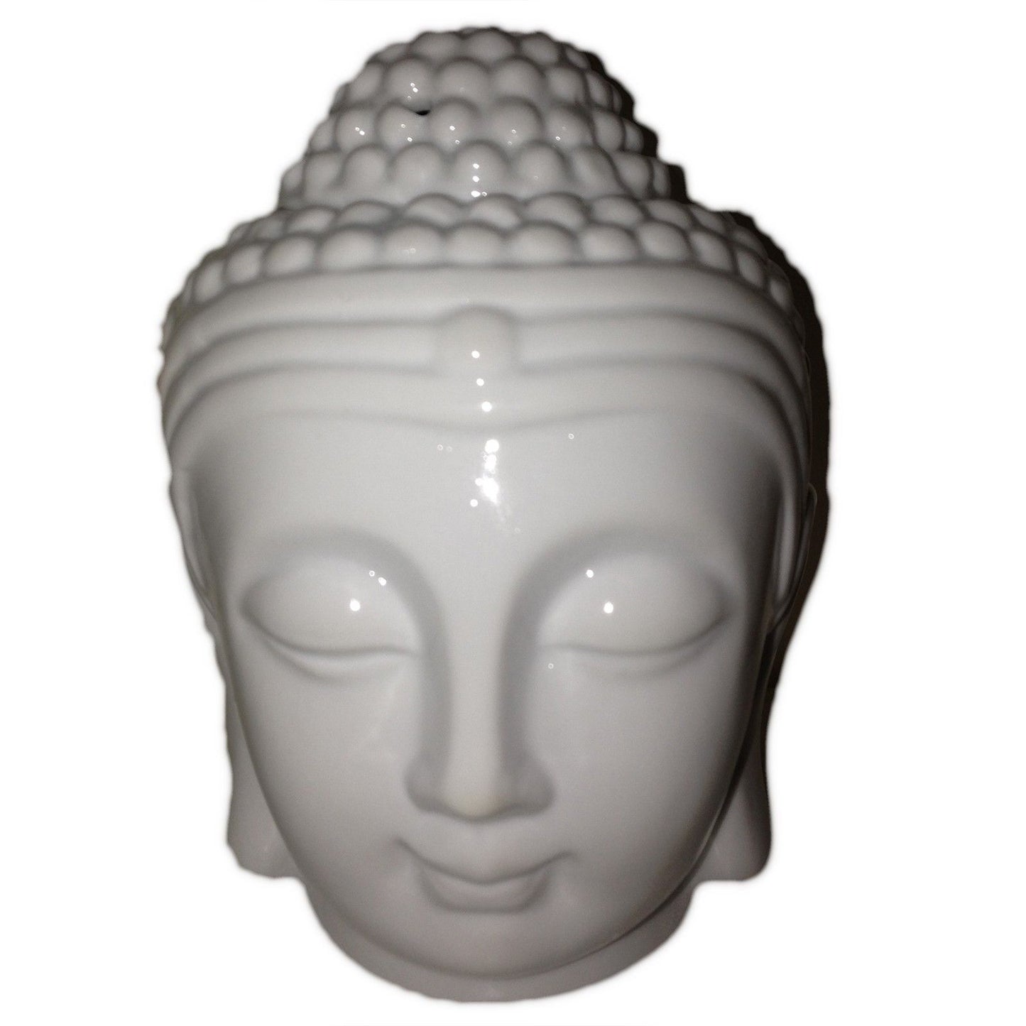 Elegant white ceramic Buddha head oil burner with a minimalist contemporary design for home fragrance.