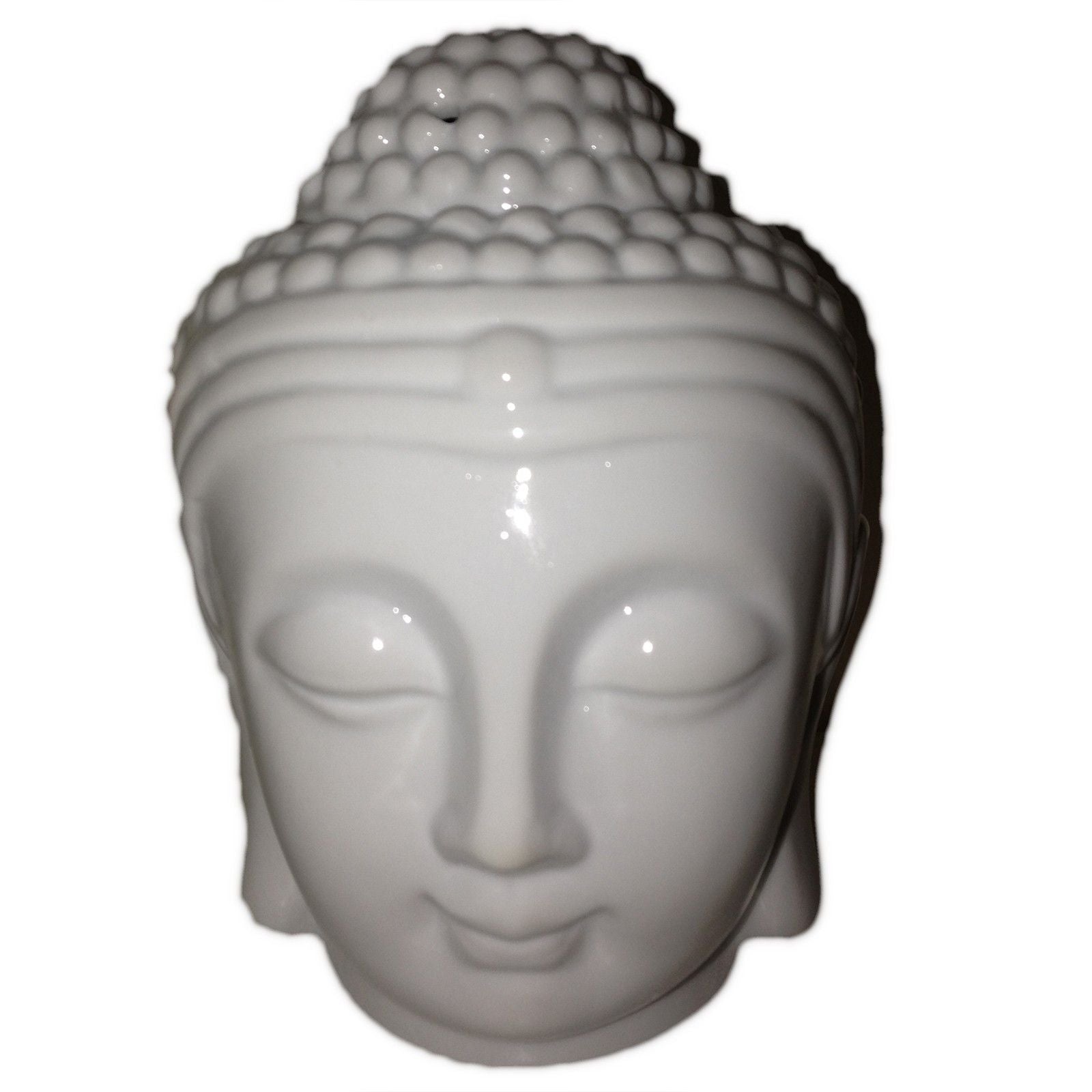 Elegant white ceramic Buddha head oil burner with a minimalist contemporary design for home fragrance.