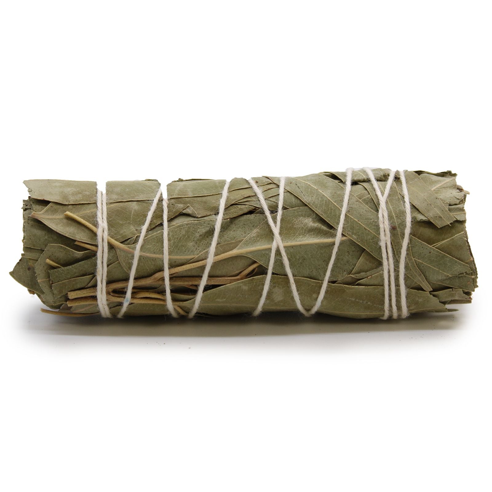 A 10cm hand-tied smudge stick made of dried white sage leaves and eucalyptus sprigs.