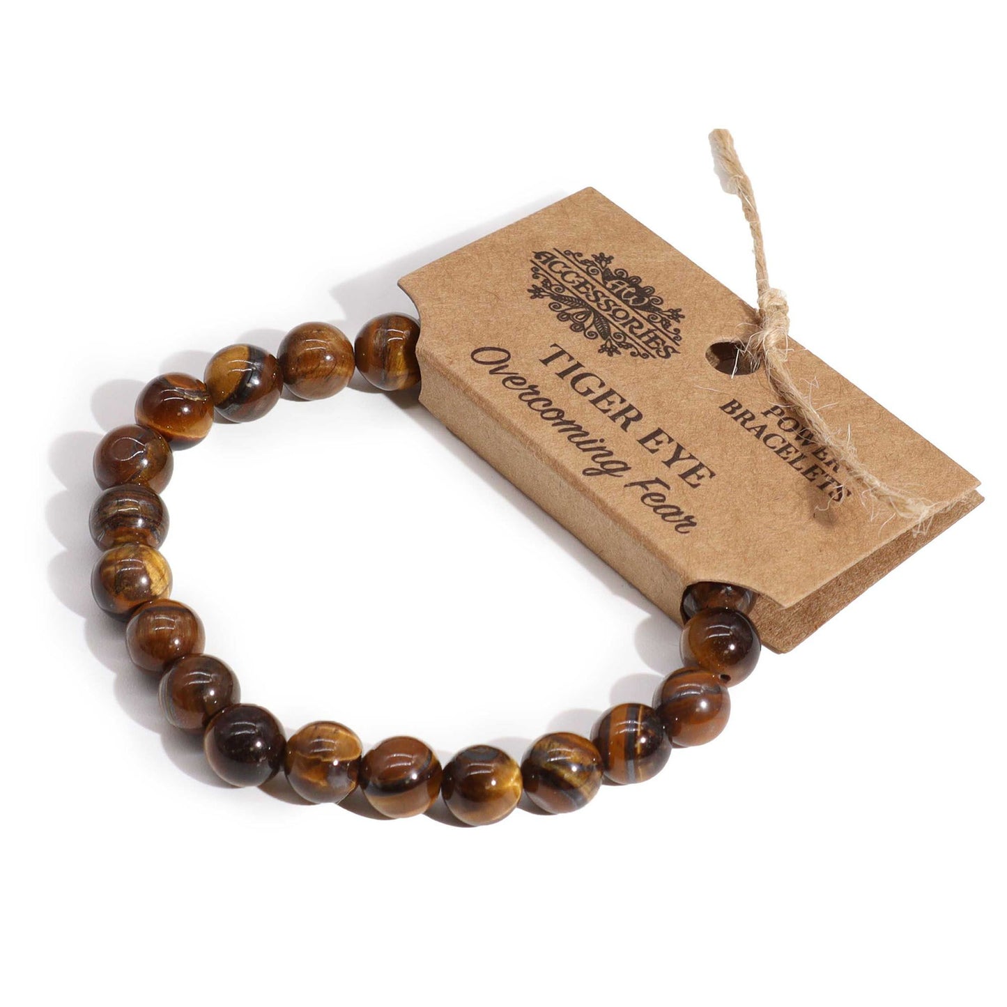 A beaded stretch bracelet featuring polished brown and golden tiger eye gemstones on a neutral background.