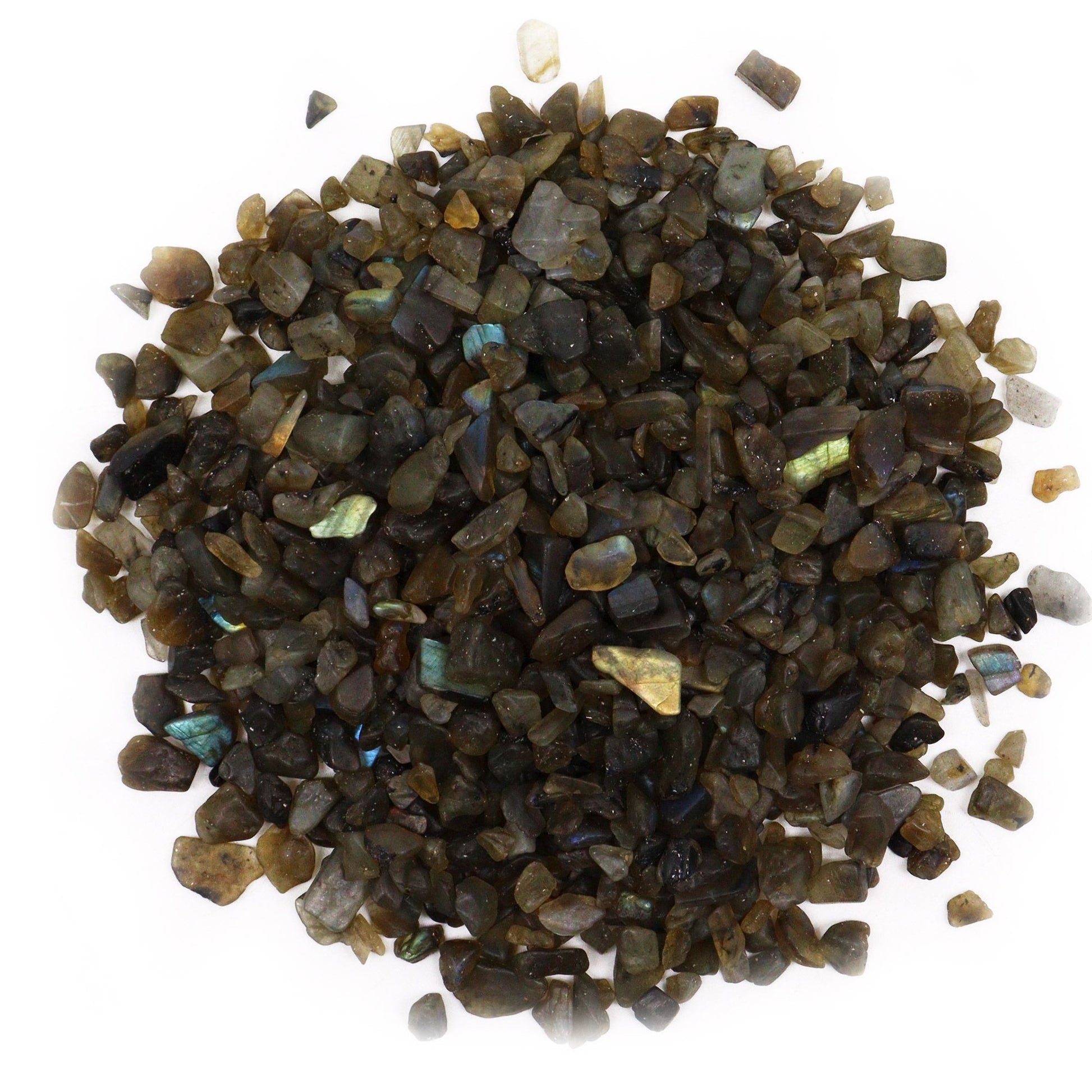 Pile of small, polished labradorite gemstone chips showing natural grey tones with shimmering blue and green flashes.