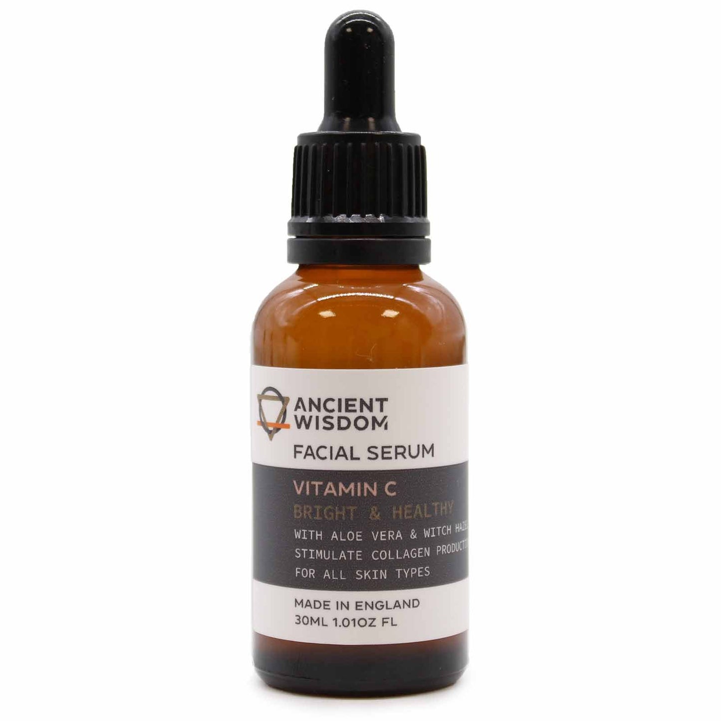 Clear glass bottle of facial serum with a dropper against a clean minimalist background.