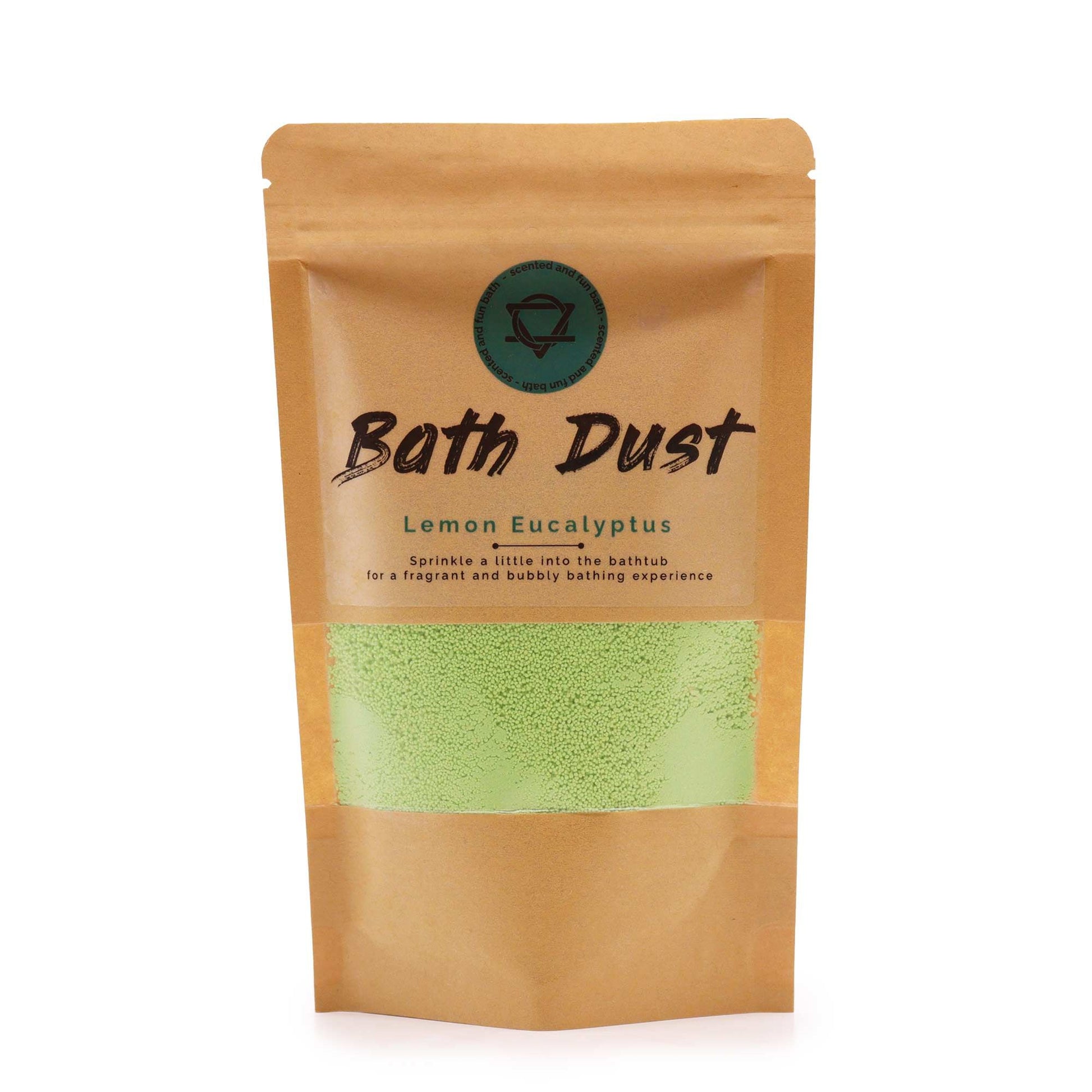Yellow and green scented bath dust in a clear bag with a refreshing lemon and eucalyptus aroma.