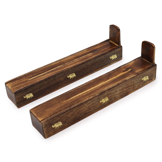 Handcrafted mango wood incense box with intricate carvings and a hinged lid for burning and storing sticks.