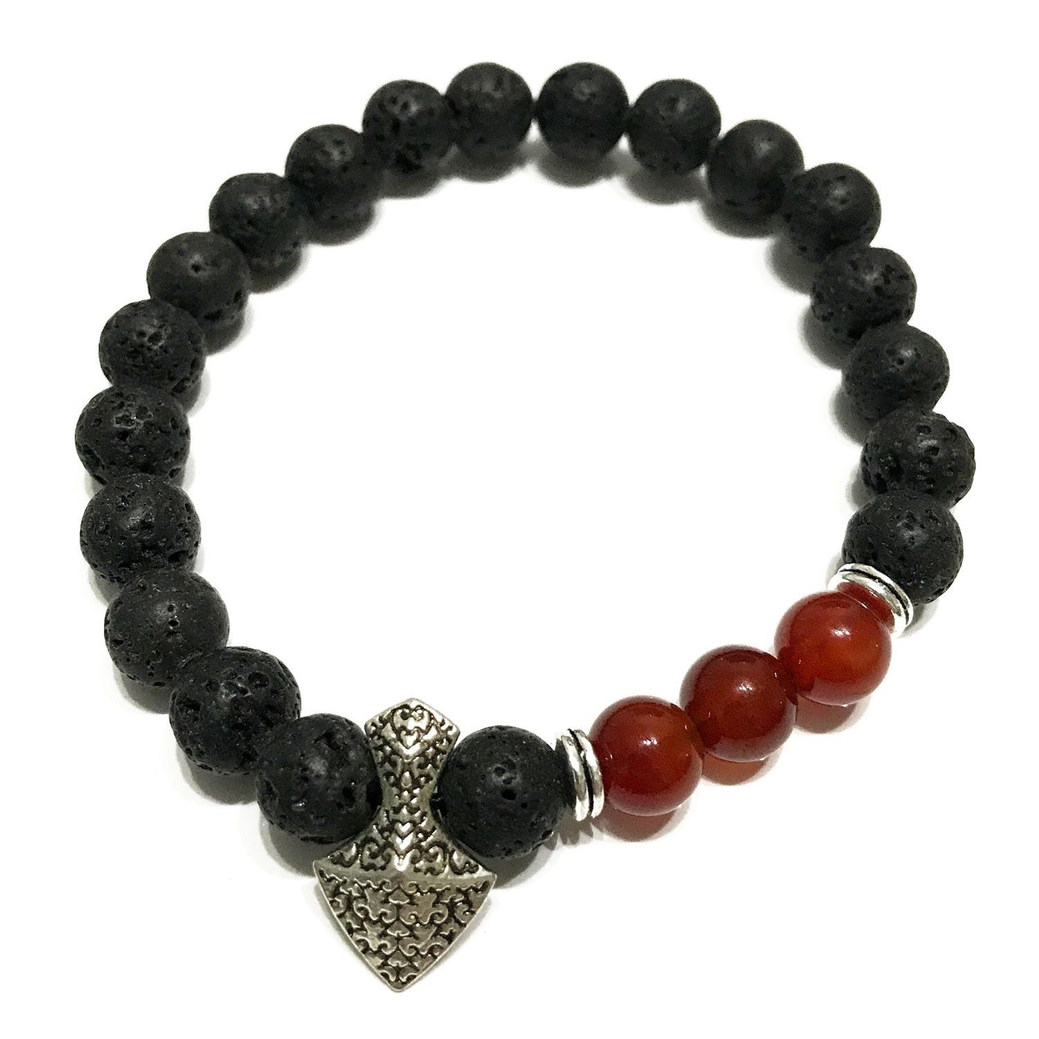 Handcrafted lava stone bracelet featuring dark porous beads and a unique orange axe-head carnelian gemstone focal point.