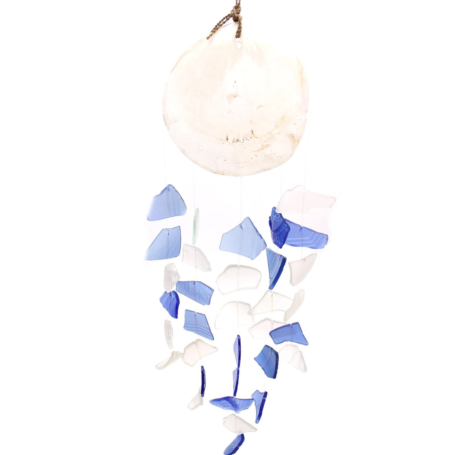 Beautiful hanging wind chime featuring teardrop-shaped blue and white recycled glass pieces.