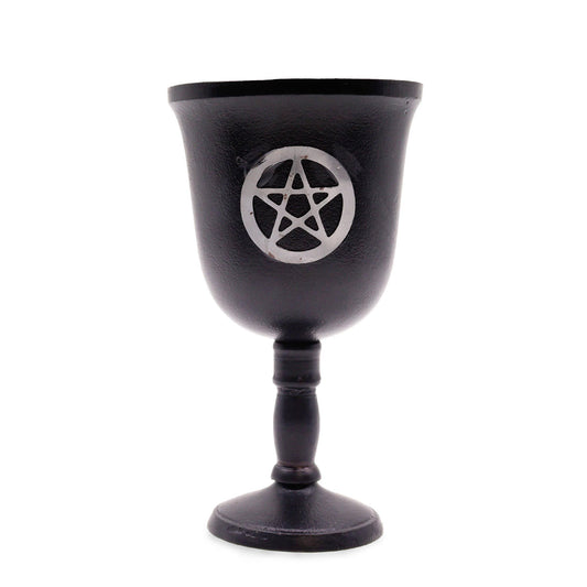 Handcrafted black iron ritual goblet featuring an engraved pentagram symbol on a sturdy pedestal base.