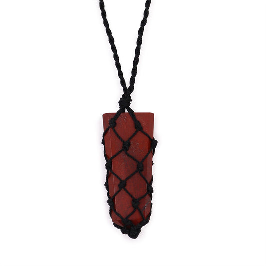 Handcrafted Red Jasper gemstone flat point pendant with a unique silver-coloured laced wire wrap design.