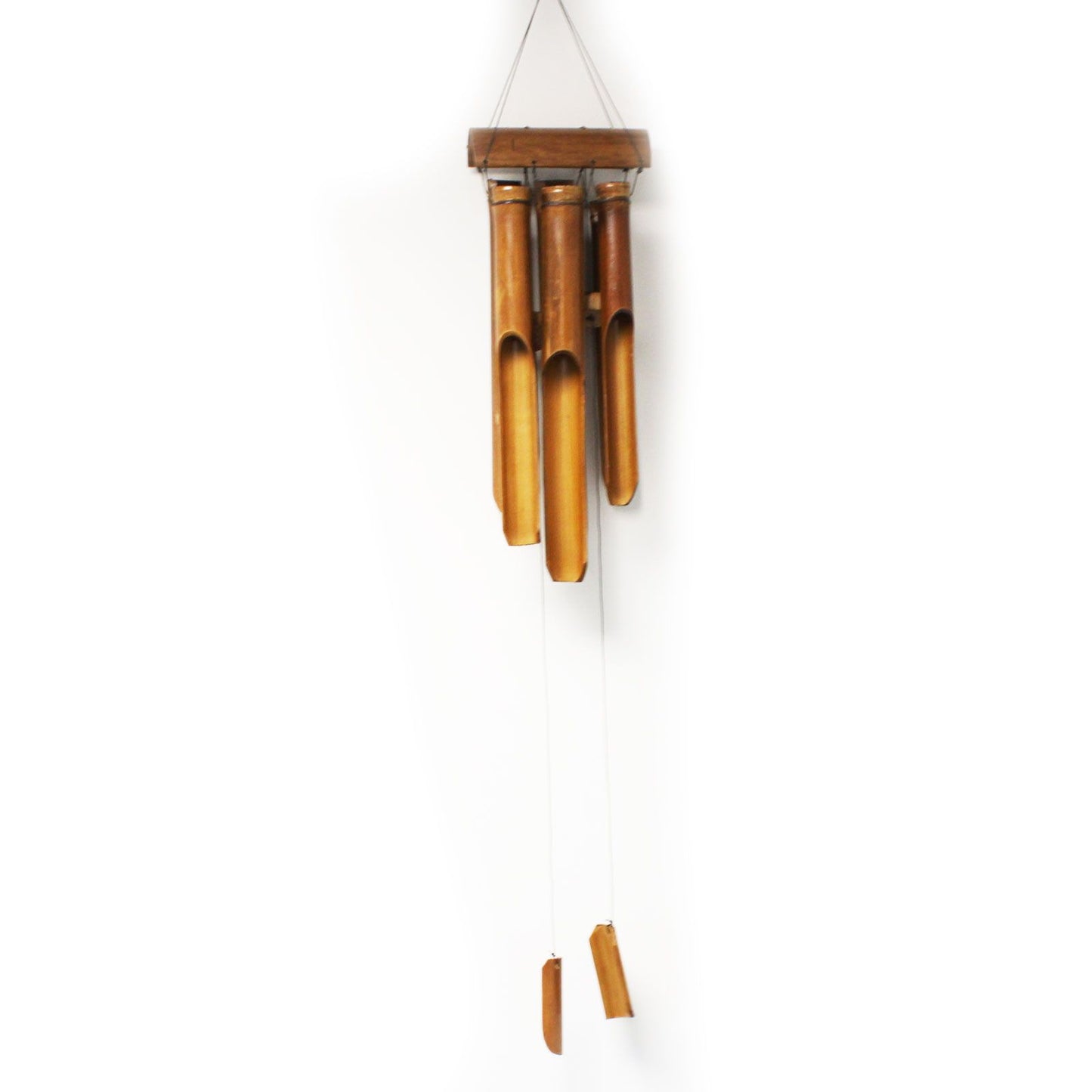 Handcrafted natural finish bamboo windchime with six medium-length tubes hanging from a wooden canopy.