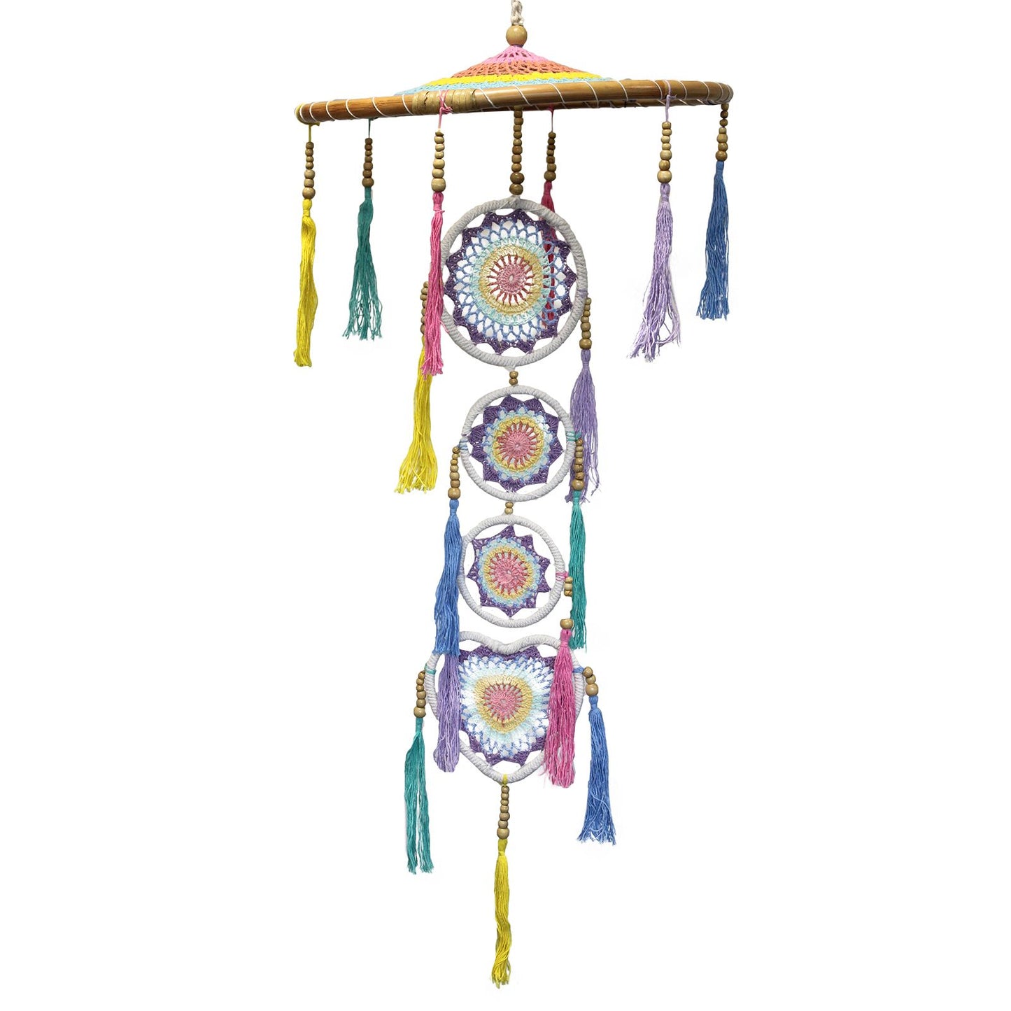 Large decorative dreamcatcher with a vibrant pastel rainbow fringe and intricate web design.
