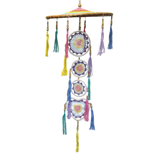 Large decorative dreamcatcher with a vibrant pastel rainbow fringe and intricate web design.