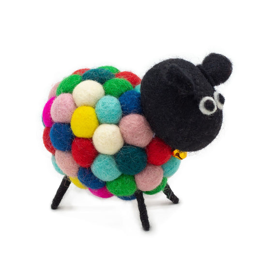 Handmade felt sheep with a body of vibrant multi-coloured wool balls and a small golden bell collar.