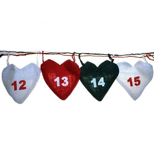 Rustic jute advent calendar featuring twenty-four hanging red and natural fabric hearts for festive treats.