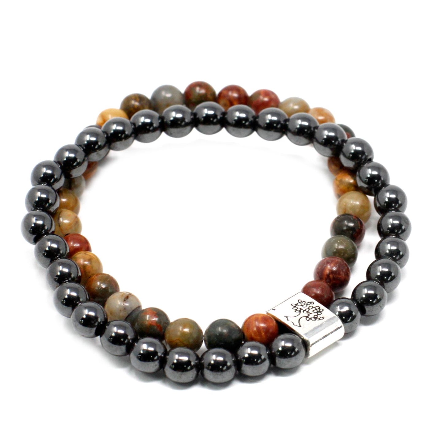 A beaded magnetic gemstone bracelet featuring earth-toned, patterned Picasso Jasper stones on a stretchy cord.