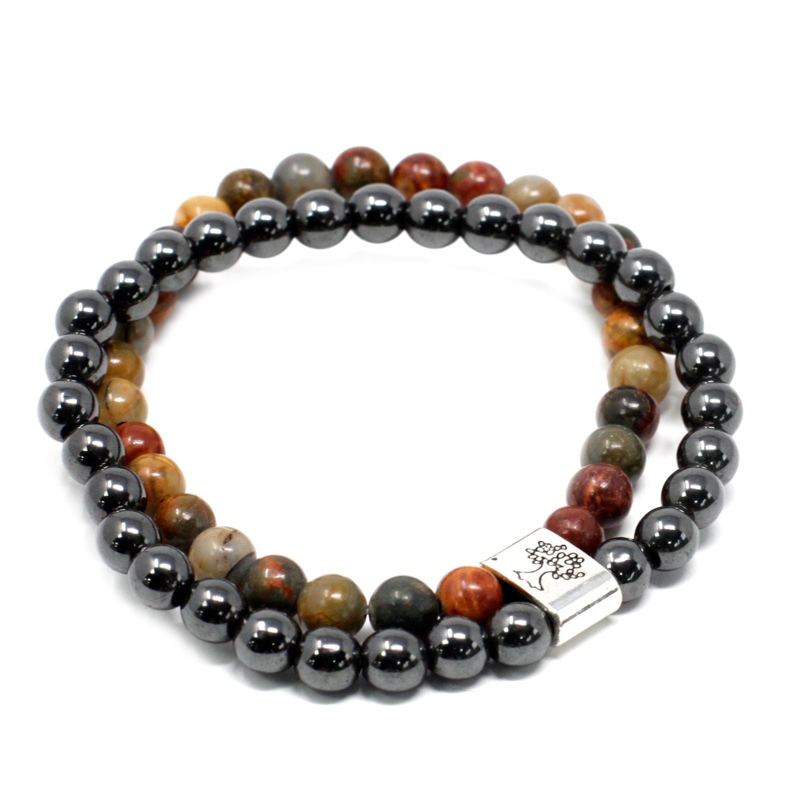 A beaded magnetic gemstone bracelet featuring earth-toned, patterned Picasso Jasper stones on a stretchy cord.