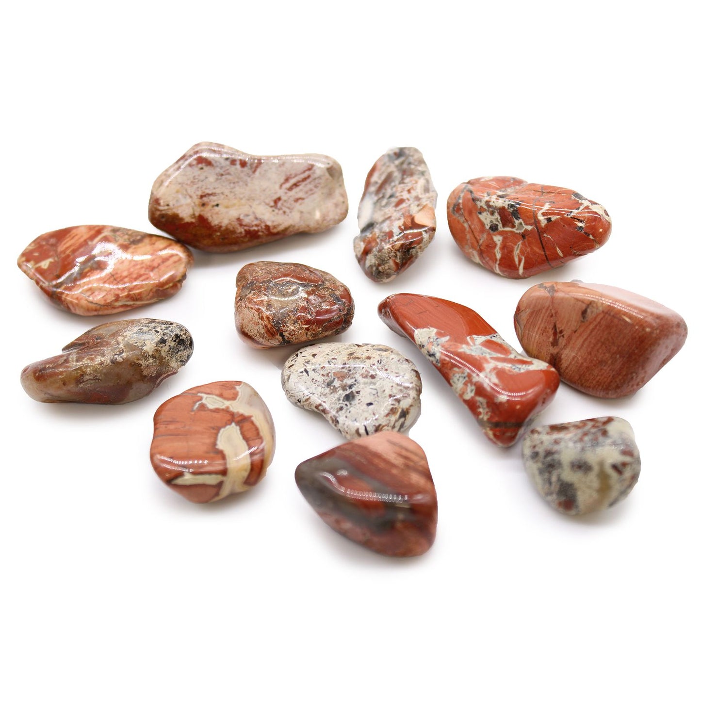 Smooth, polished medium-sized Brecciated Light Jasper tumble stones featuring earthy red and cream patterns.
