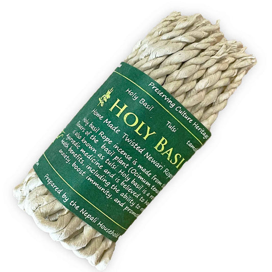 Hand-rolled herbal rope incense bundle infused with Holy Basil for spiritual cleansing and meditation.