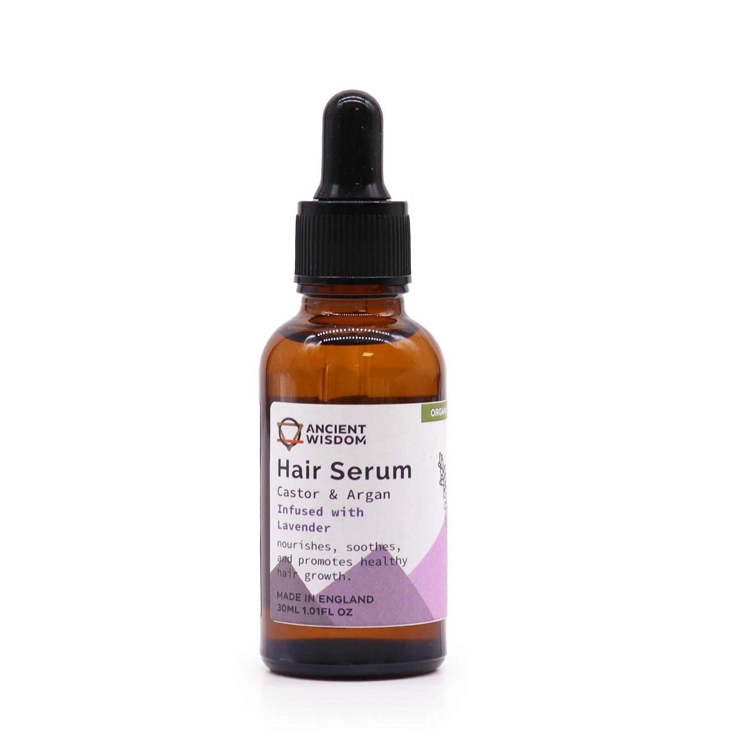 Small amber glass bottle of organic lavender hair serum with a dropper lid and purple label.