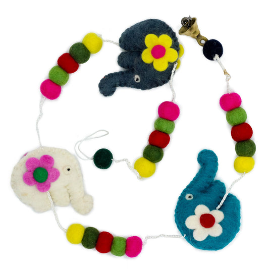 Handcrafted colourful felt elephants hanging vertically on a string with small decorative accents.