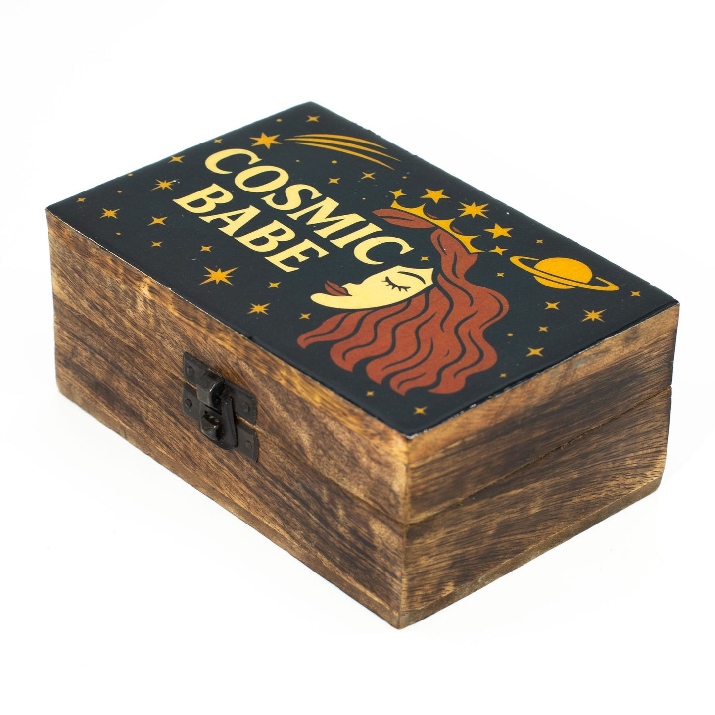 Medium mango wood box with an enamelled lid featuring a crowned celestial figure, stars, and planets on a dark night sky.