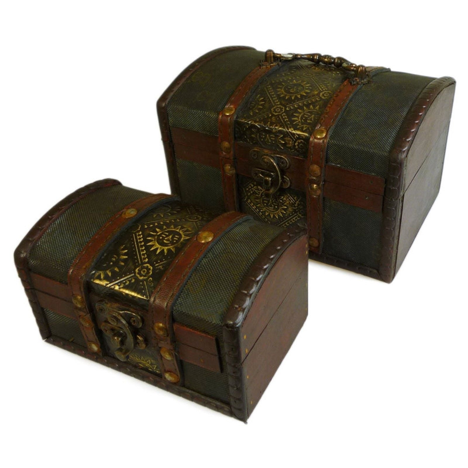 Two vintage-style metal boxes with decorative embossed patterns and brass fittings.