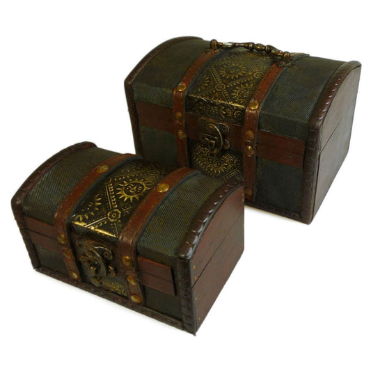 Two vintage-style metal boxes with decorative embossed patterns and brass fittings.
