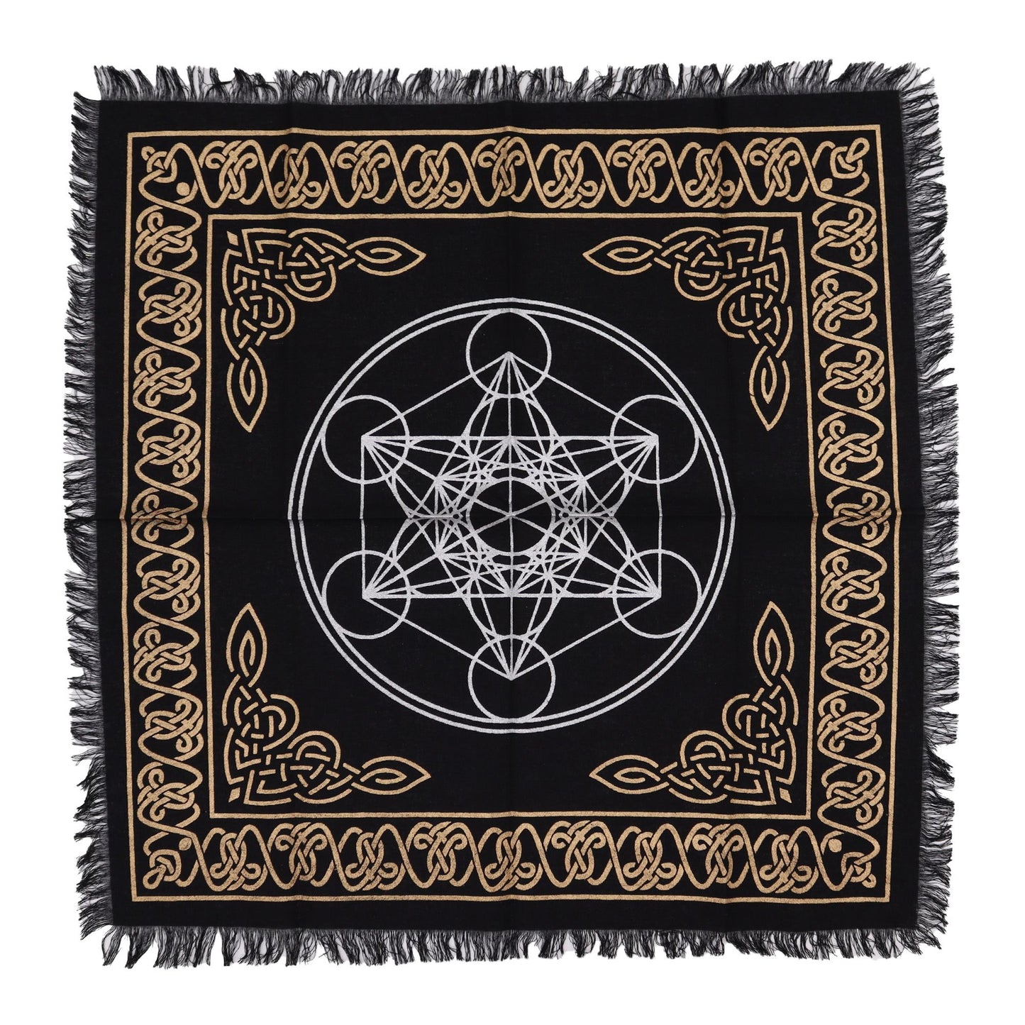 Square black altar cloth with white fringe featuring a detailed colourful chart of the seven chakras and energy centres.