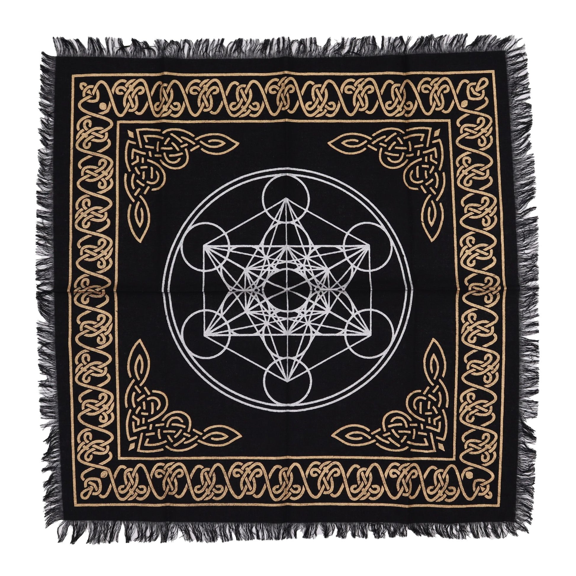 Square black altar cloth with white fringe featuring a detailed colourful chart of the seven chakras and energy centres.