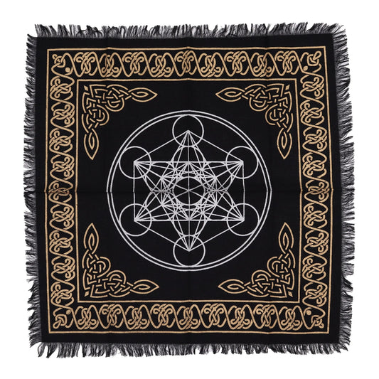 Square black altar cloth with white fringe featuring a detailed colourful chart of the seven chakras and energy centres.