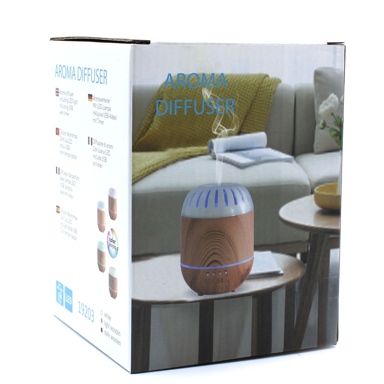 Minimalist white ultrasonic aroma diffuser with a sleek cylindrical design and subtle LED light ring.