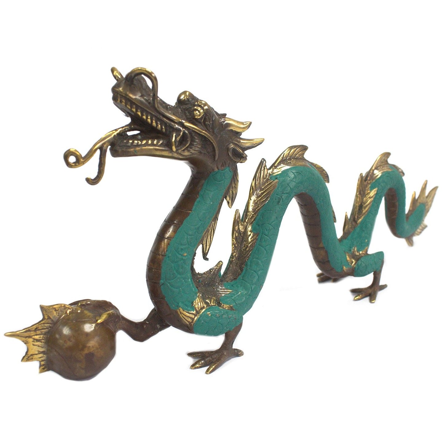 Large ornate brass dragon statue holding a pearl ball with detailed scales and an elegant flowing oriental design.