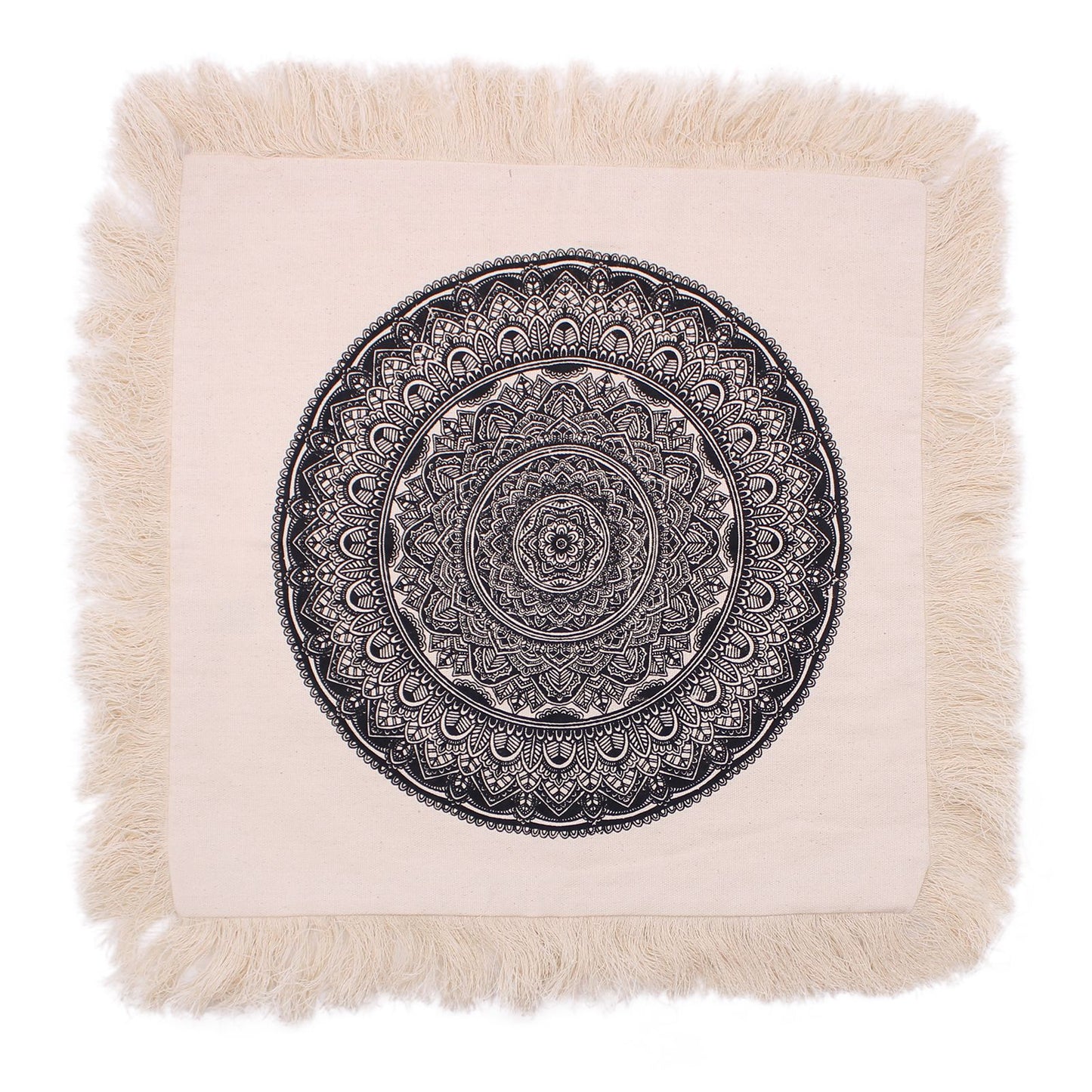 Square black cushion cover featuring a detailed white traditional mandala pattern.
