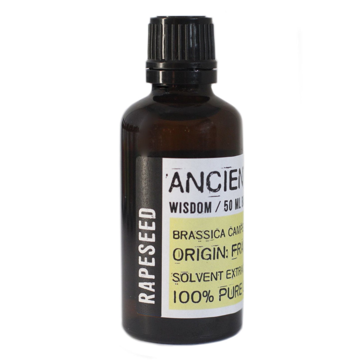 Amber glass bottle of golden yellow rapeseed base oil with a simple white label on a neutral background.