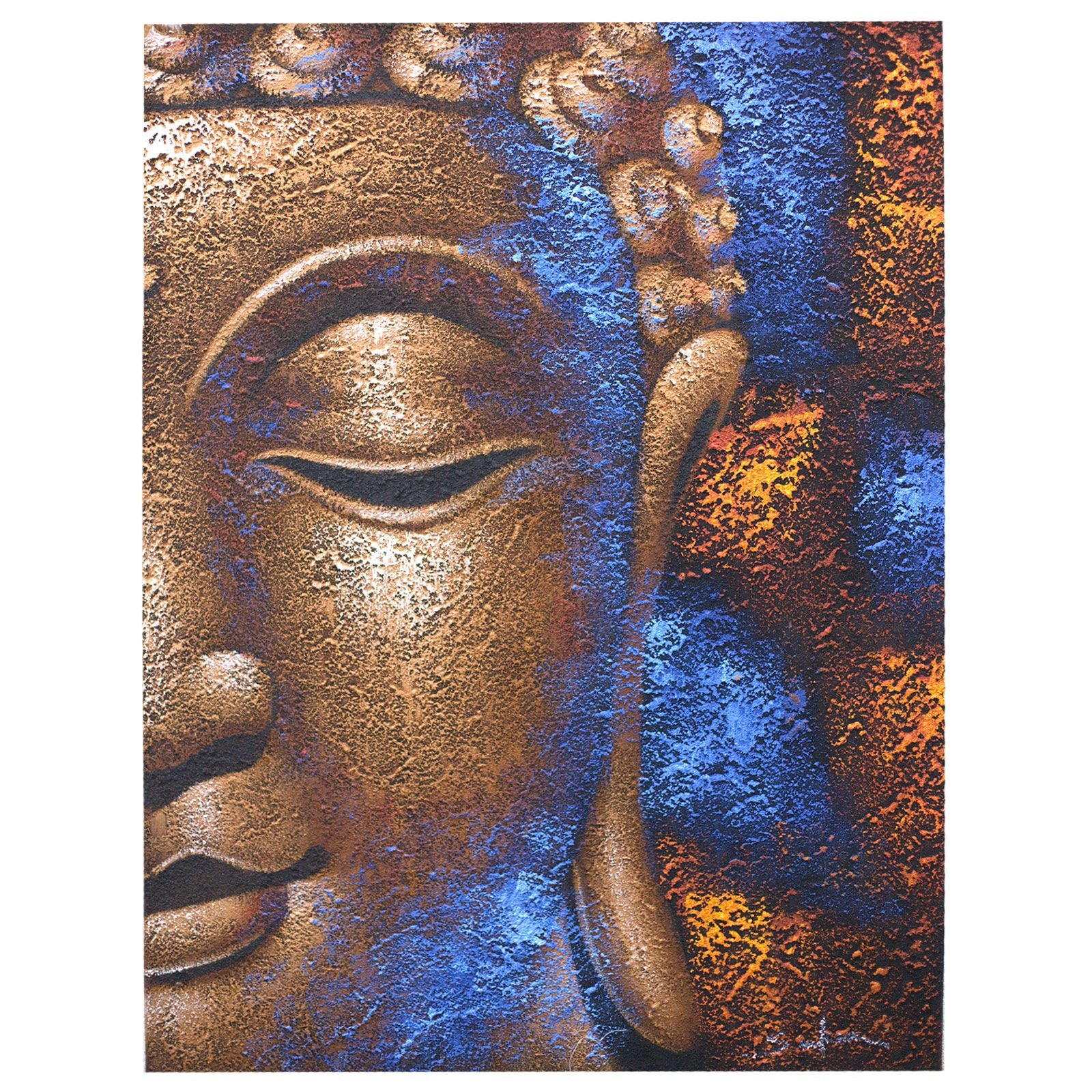 Hand-painted Buddha portrait with a striking metallic copper face on a high-quality canvas with a natural wooden frame.