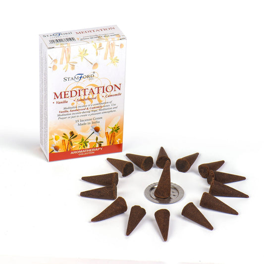 A pile of brown aromatic incense cones designed for meditation and relaxation.