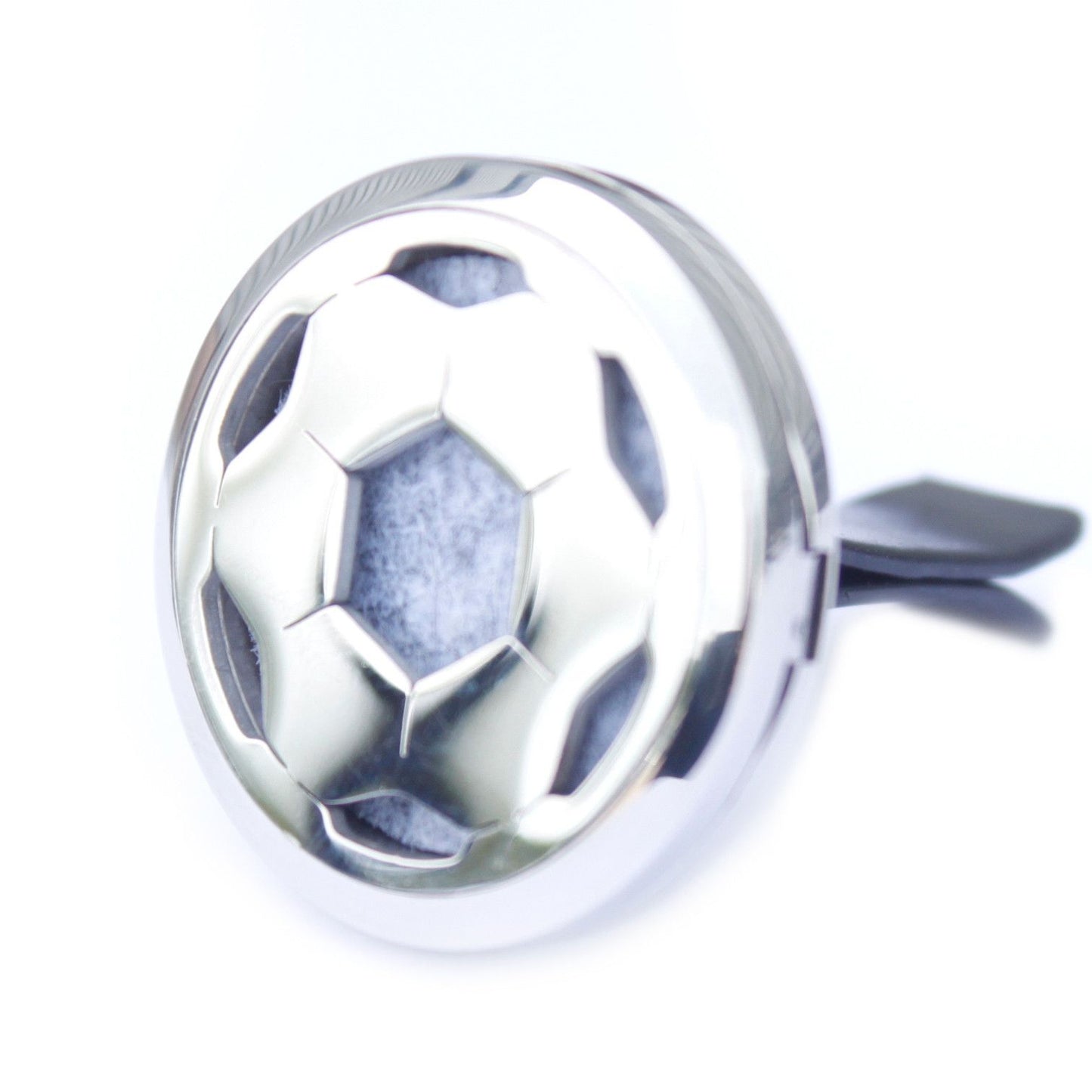 Round silver car vent clip aromatherapy locket with a decorative football cutout design and internal felt pad.