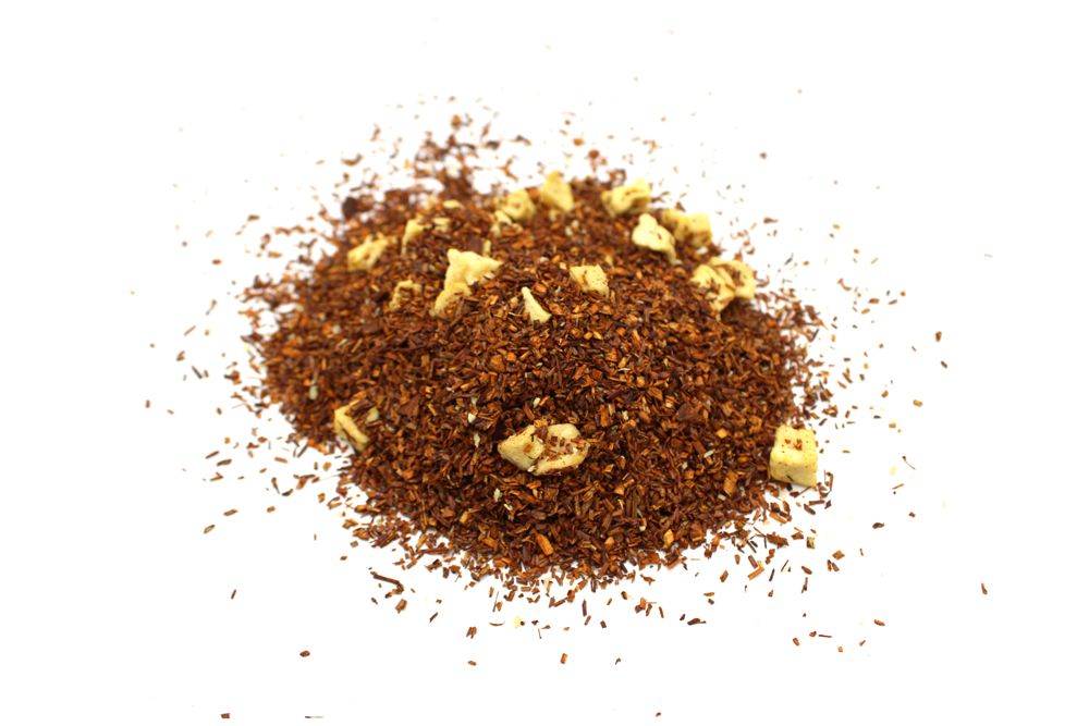 Loose leaf rooibos tea blend with dried apple pieces and cinnamon sticks in a large 1kg bag.