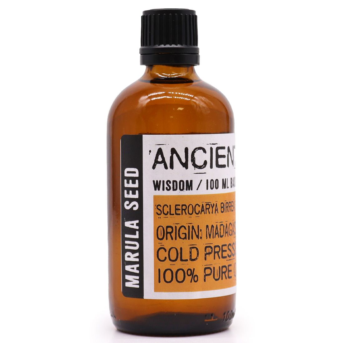 Clear 100ml bottle of pale yellow marula seed oil, a natural carrier oil for skincare and aromatherapy.