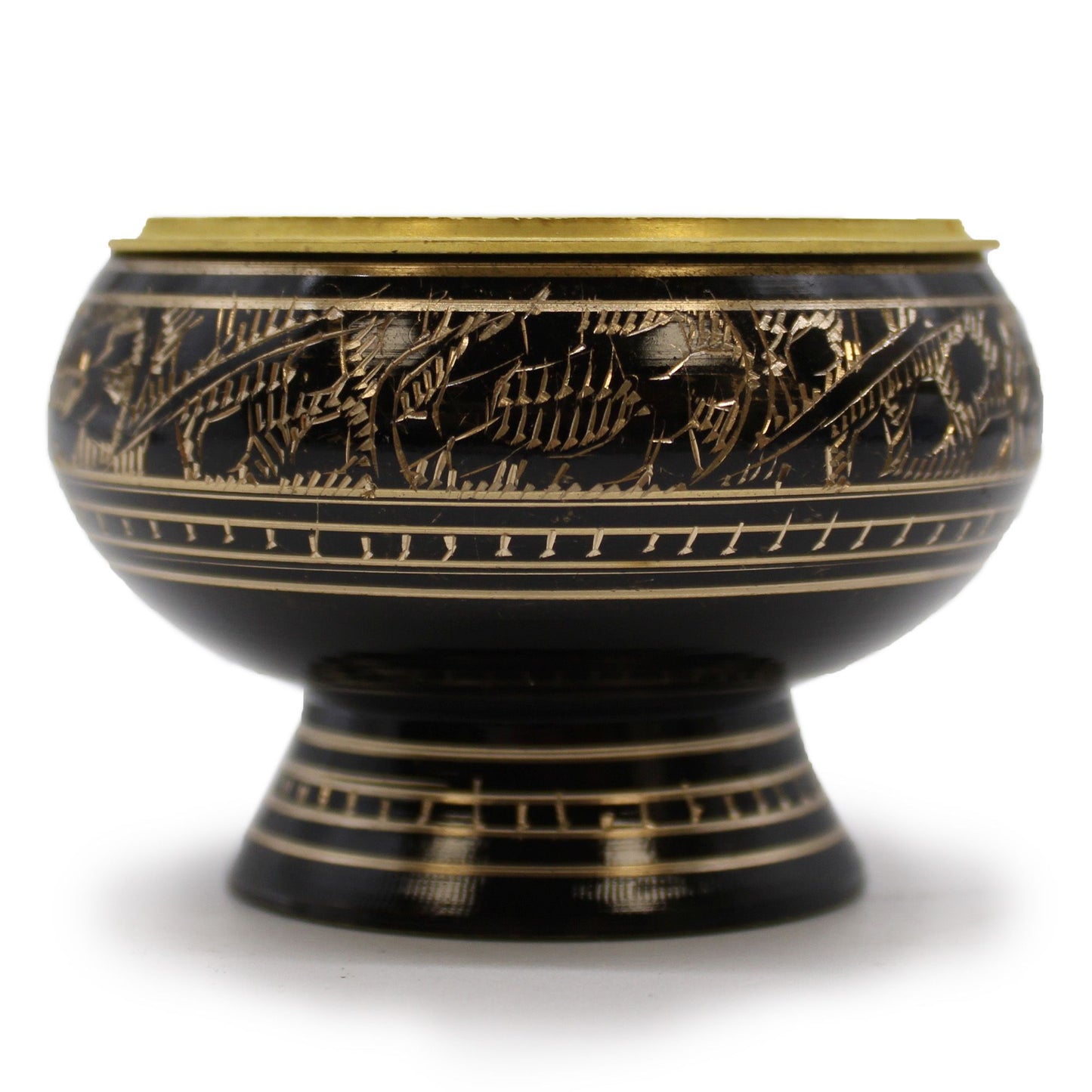 Intricately engraved solid brass charcoal incense burner with a removable mesh lid on a dark background.